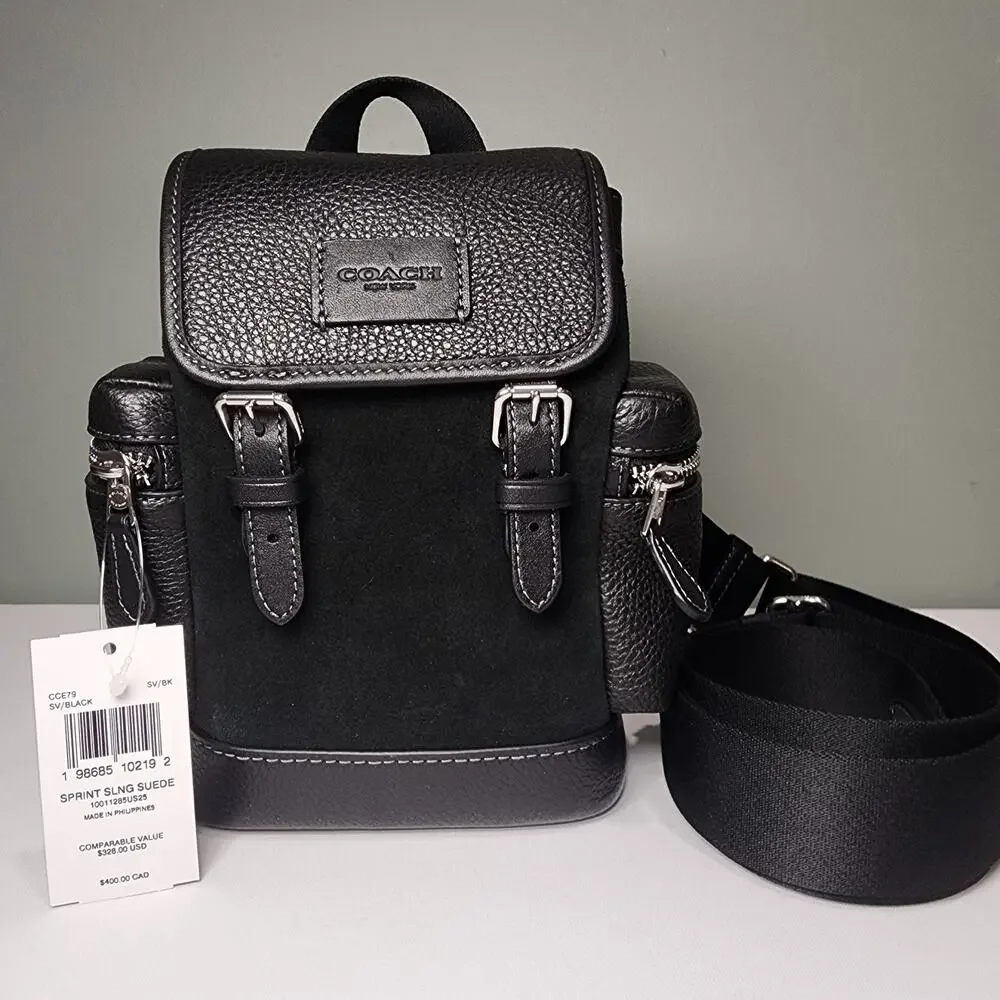 NWT Coach CCE79 Sprint Sling Pack Silver Black Suede, refined pebble leather